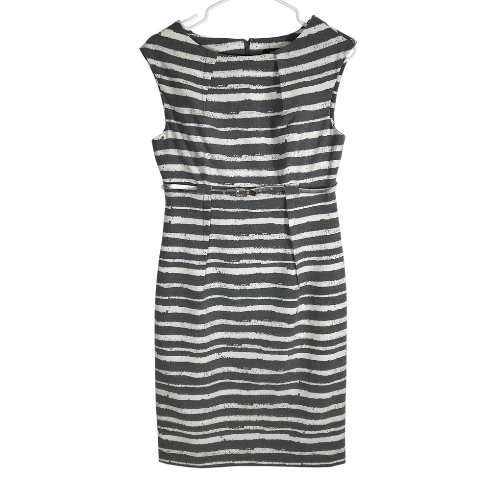 Ellen Tracy Womens Grey White Striped Sheath Dress with Metallic Belt Size 6